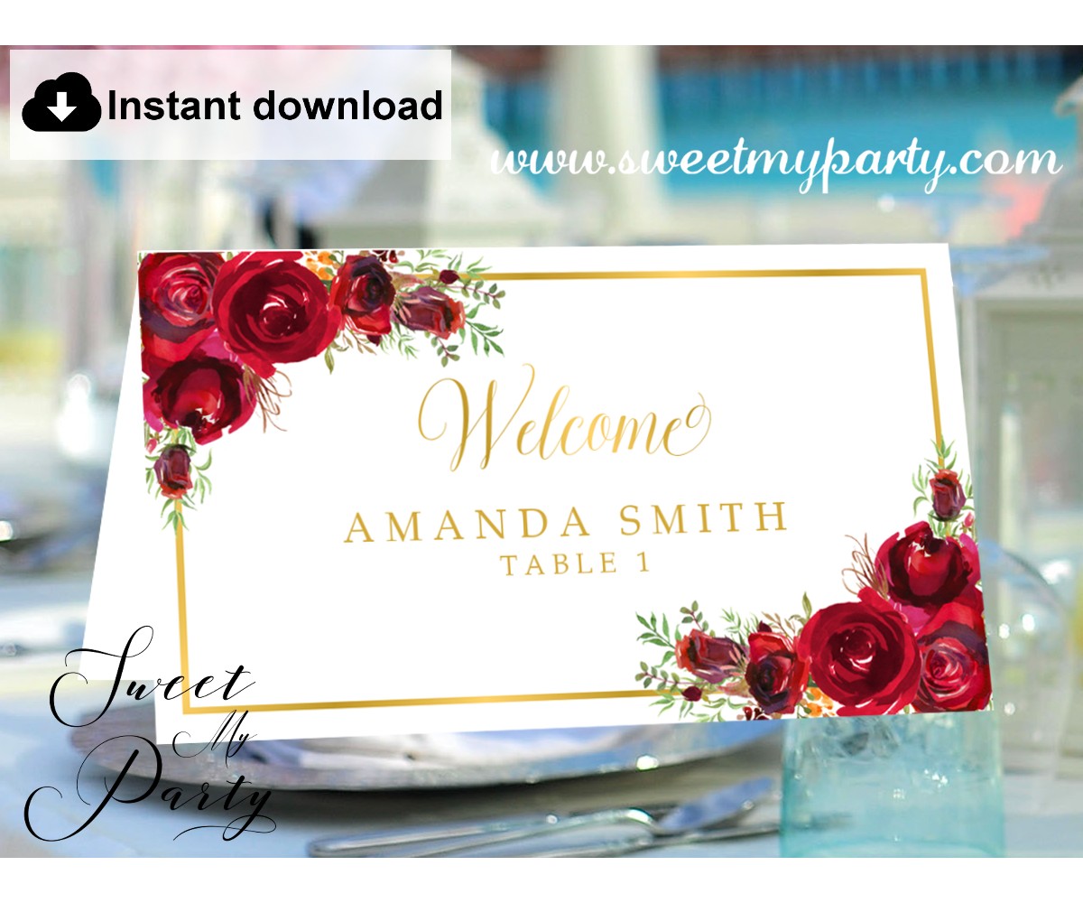 Red Roses Escort Cards template, Red Roses Place Cards template, (016)